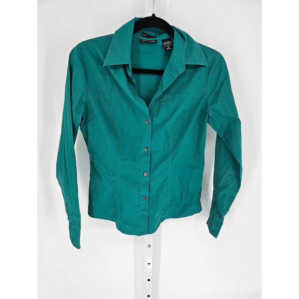 New York & Company Women's Teal Button Down Long Sleeve Formal Top Size S